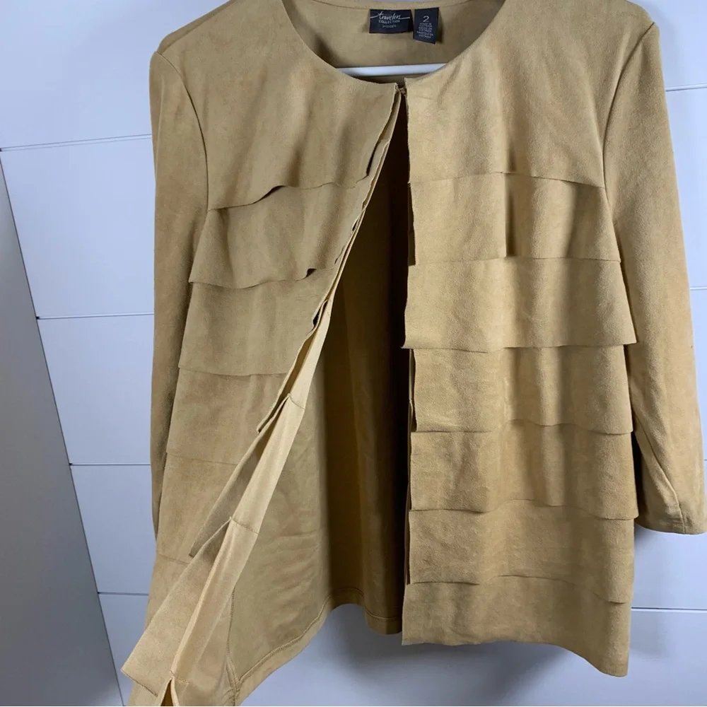 Chico’s Travelers Faux Suede Tiered Jacket Tan Sz 2 Large Southwestern Boho EUC‎